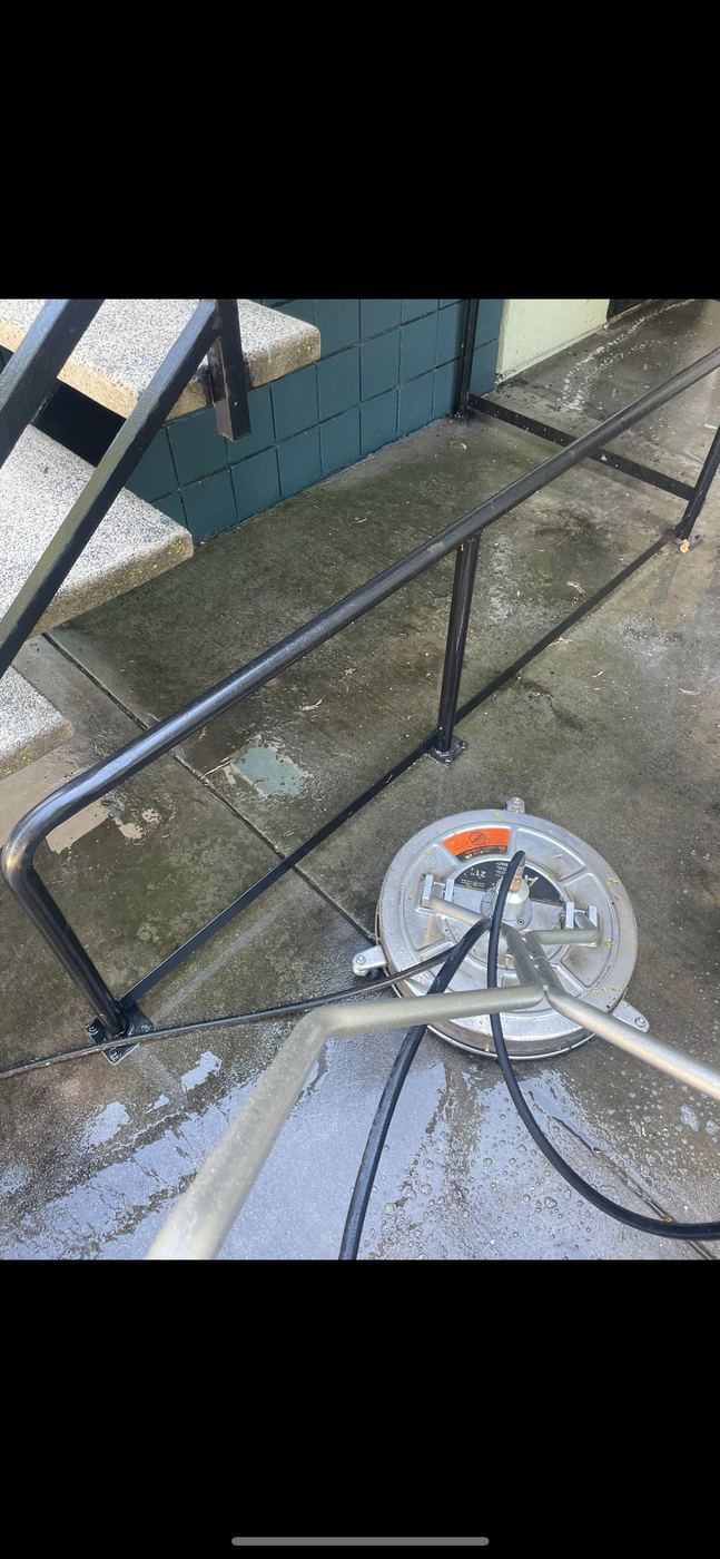 Stair landing with algae buildup before pressure washing